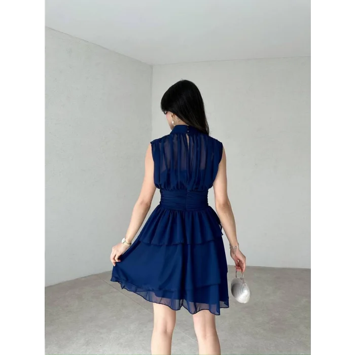 Kadın Lacivert Şifon Kumaş Mini Elbise