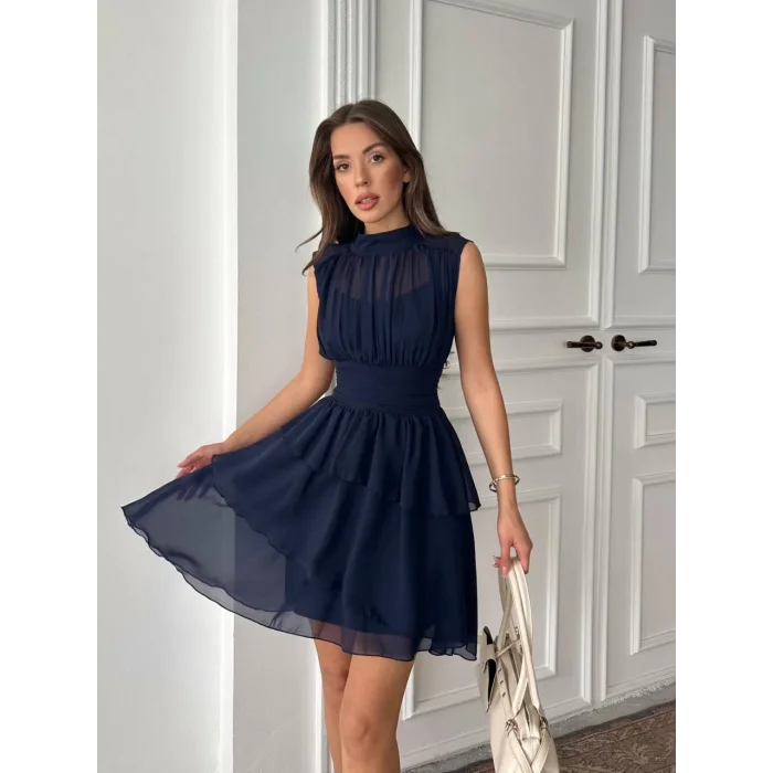 Kadın Lacivert Şifon Kumaş Mini Elbise