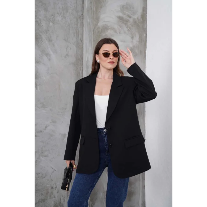 Kadın Oversize Tek Düğmeli Vatkalı Blazer Ceket