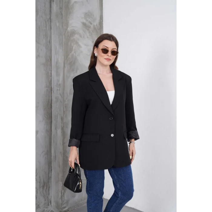 Kadın Oversize Tek Düğmeli Vatkalı Blazer Ceket