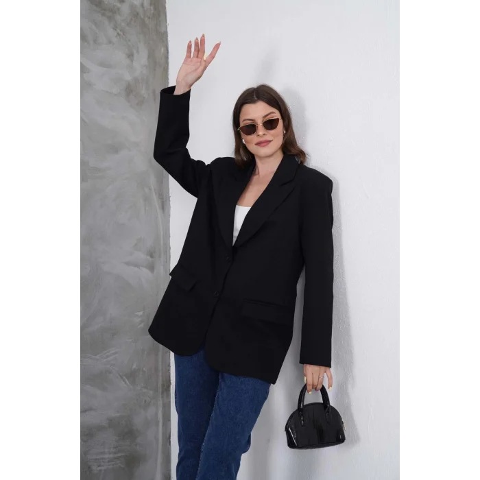 Kadın Oversize Tek Düğmeli Vatkalı Blazer Ceket