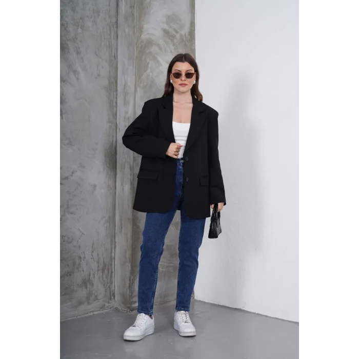 Kadın Oversize Tek Düğmeli Vatkalı Blazer Ceket