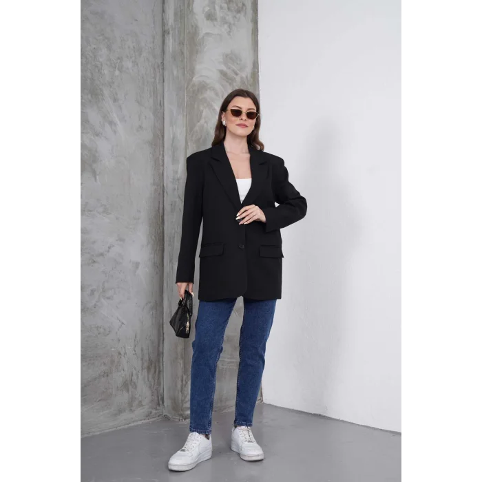 Kadın Oversize Tek Düğmeli Vatkalı Blazer Ceket
