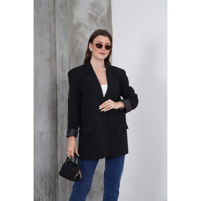Kadın Oversize Tek Düğmeli Vatkalı Blazer Ceket