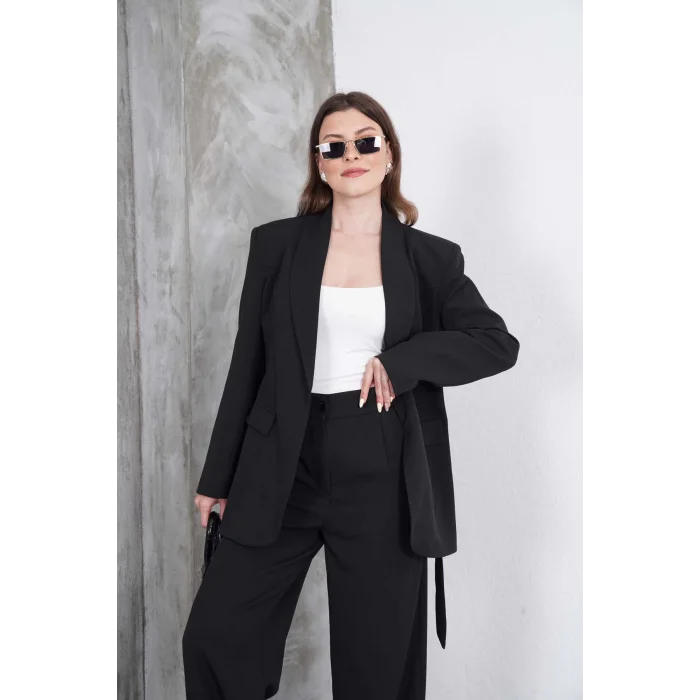 Kadın Siyah Kuşaklı Blazer Ceketli Geniş Paça Şık Takım