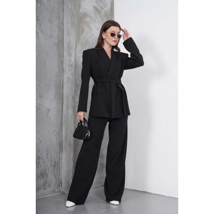 Kadın Siyah Kuşaklı Blazer Ceketli Geniş Paça Şık Takım