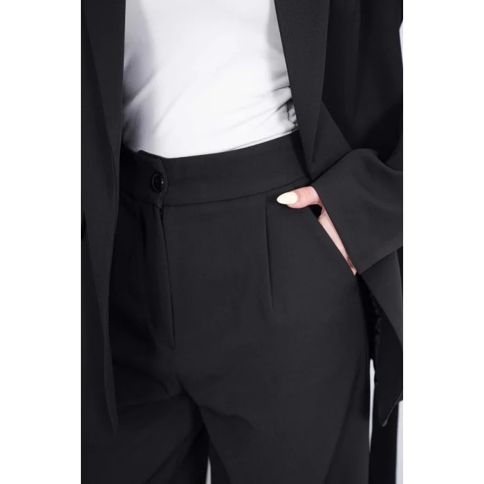 Kadın Siyah Kuşaklı Blazer Ceketli Geniş Paça Şık Takım