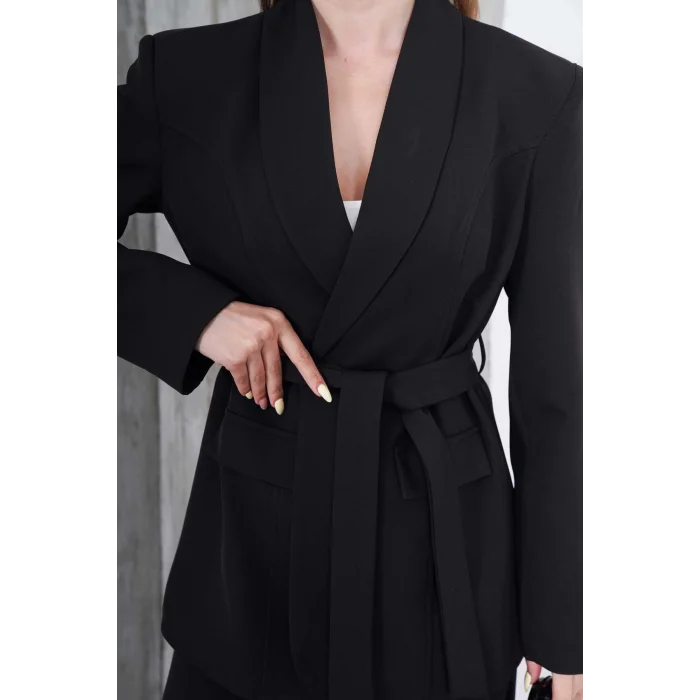 Kadın Siyah Kuşaklı Blazer Ceketli Geniş Paça Şık Takım