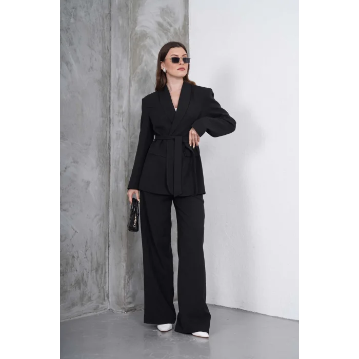 Kadın Siyah Kuşaklı Blazer Ceketli Geniş Paça Şık Takım