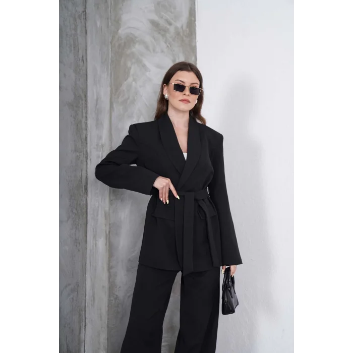 Kadın Siyah Kuşaklı Blazer Ceketli Geniş Paça Şık Takım