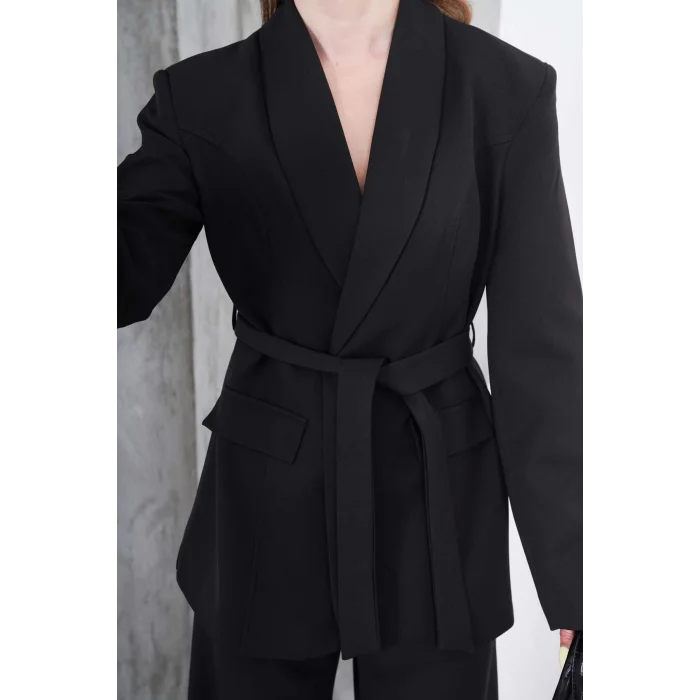 Kadın Siyah Kuşaklı Blazer Ceketli Geniş Paça Şık Takım