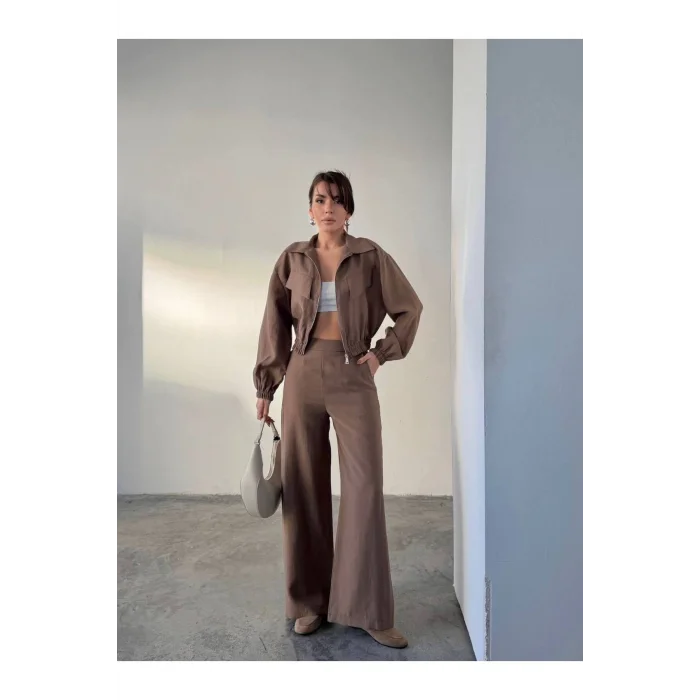 Siyah Fermuarlı Ceket & Bol Paça Pantolon Kadın Takım