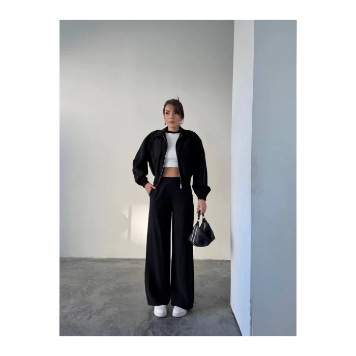 Siyah Fermuarlı Ceket & Bol Paça Pantolon Kadın Takım