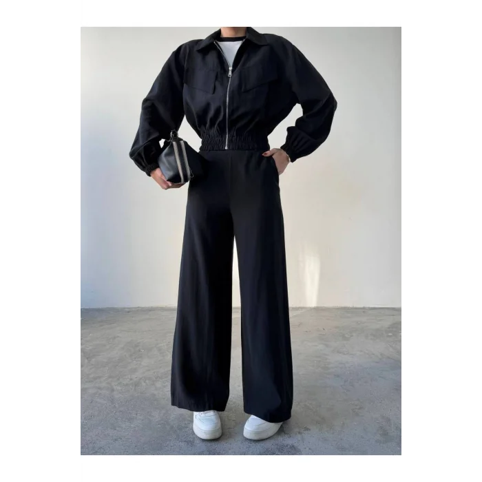 Siyah Fermuarlı Ceket & Bol Paça Pantolon Kadın Takım