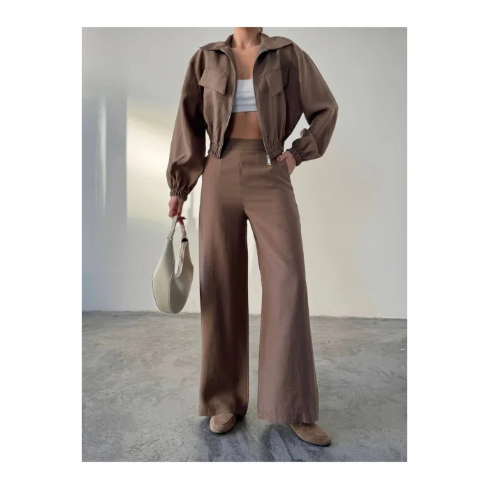 Siyah Fermuarlı Ceket & Bol Paça Pantolon Kadın Takım