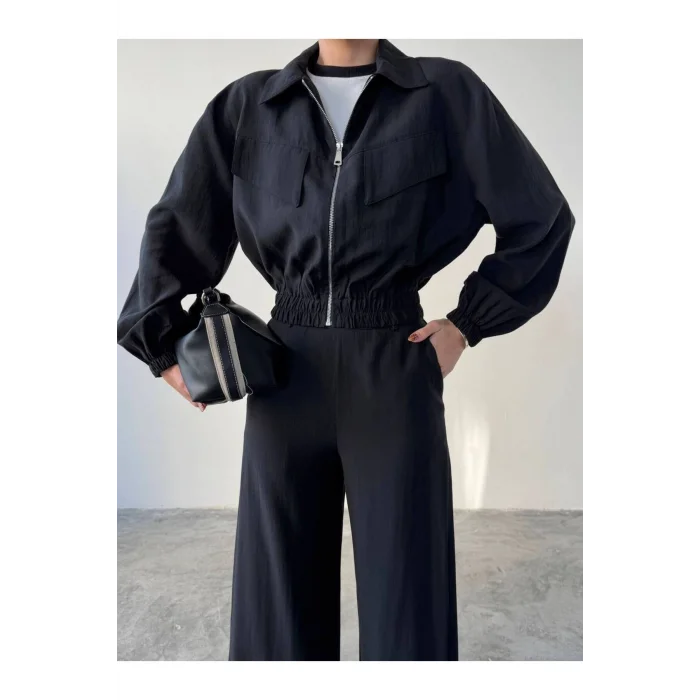 Siyah Fermuarlı Ceket & Bol Paça Pantolon Kadın Takım