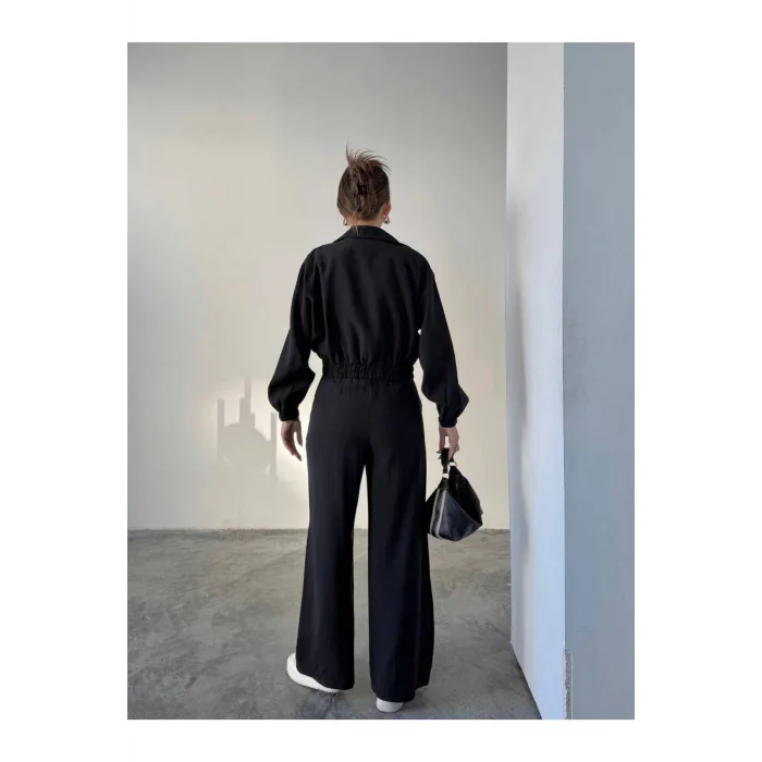 Siyah Fermuarlı Ceket & Bol Paça Pantolon Kadın Takım