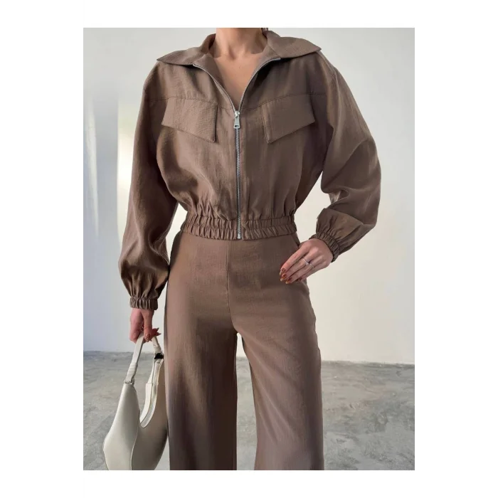 Siyah Fermuarlı Ceket & Bol Paça Pantolon Kadın Takım