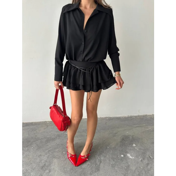 Kadın Siyah Gömlek Yaka Volanlı Pileli Mini Elbise