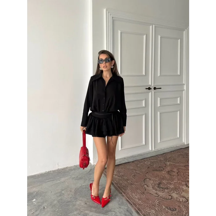 Kadın Siyah Gömlek Yaka Volanlı Pileli Mini Elbise