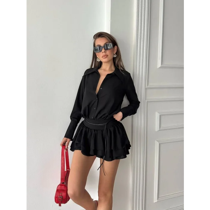 Kadın Siyah Gömlek Yaka Volanlı Pileli Mini Elbise