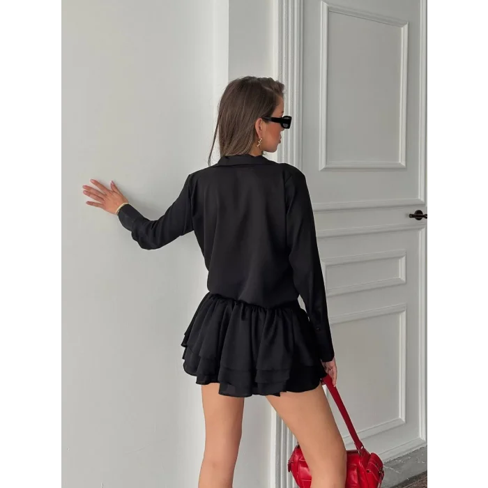 Kadın Siyah Gömlek Yaka Volanlı Pileli Mini Elbise