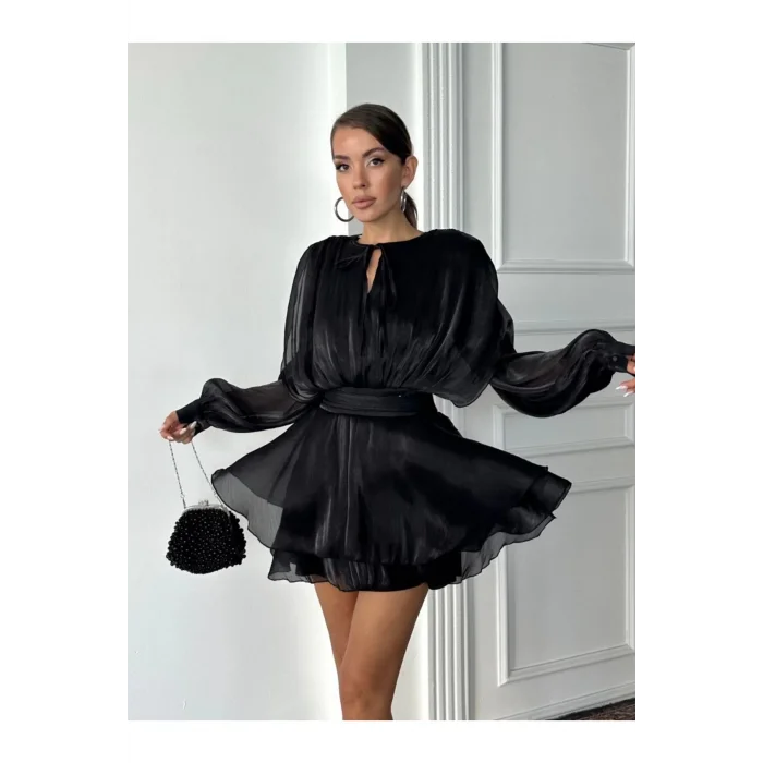 Kadın Vatkalı Jakarlı Tül Mini Elbise