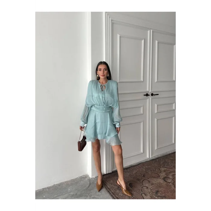 Vatkalı Jakarlı Tül Mini Elbise