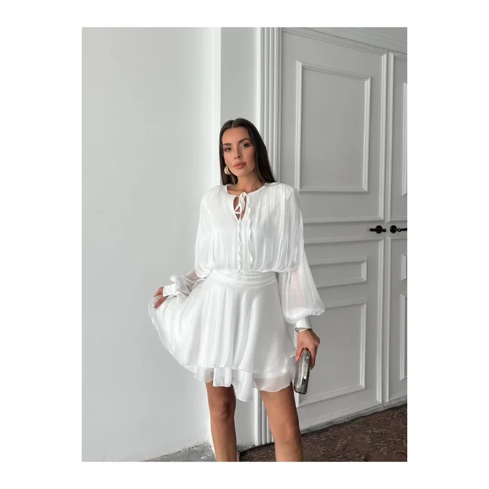 Vatkalı Jakarlı Tül Mini Elbise