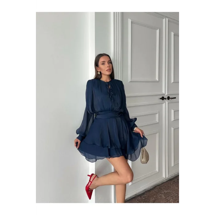 Vatkalı Jakarlı Tül Mini Elbise