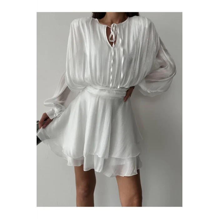 Vatkalı Jakarlı Tül Mini Elbise