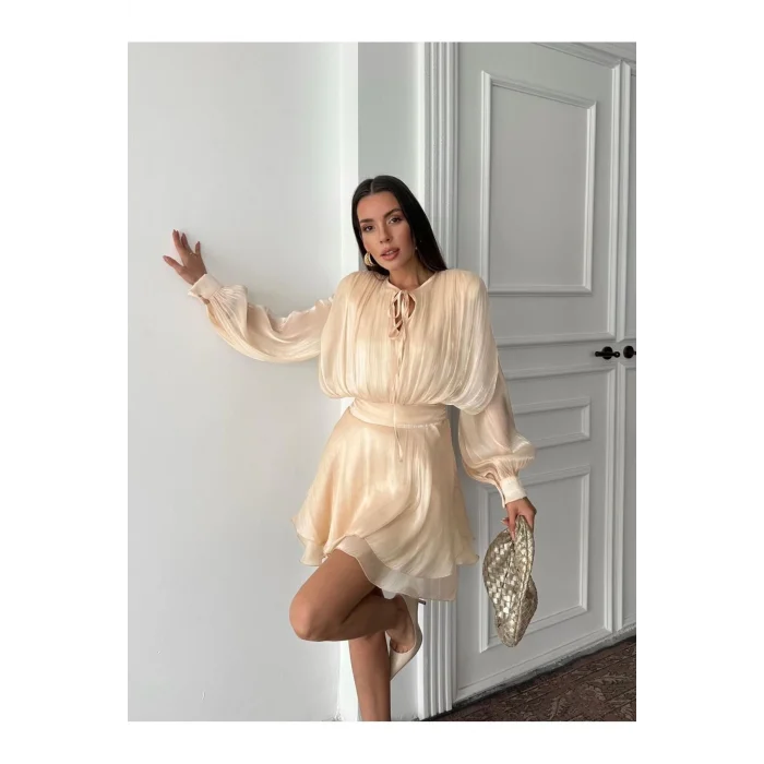 Vatkalı Jakarlı Tül Mini Elbise