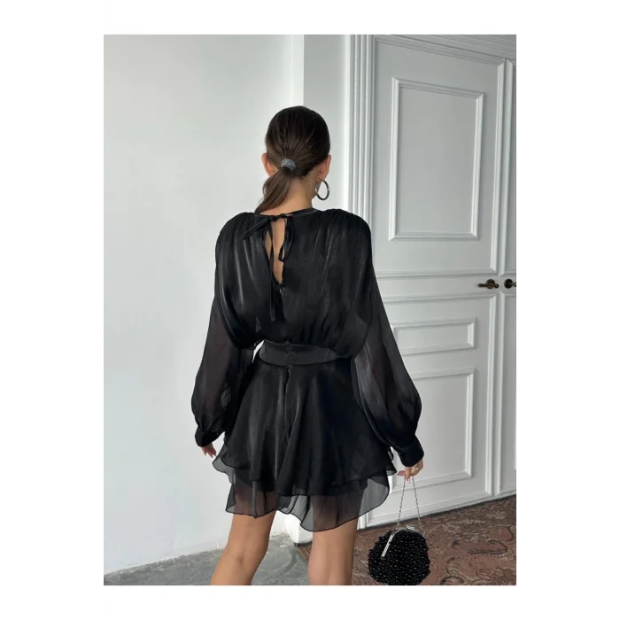 Kadın Vatkalı Jakarlı Tül Mini Elbise