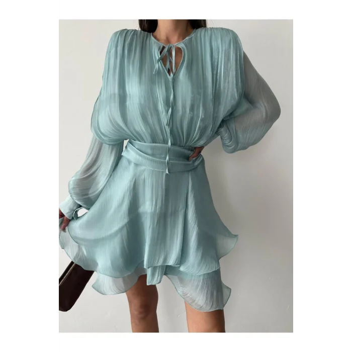 Vatkalı Jakarlı Tül Mini Elbise