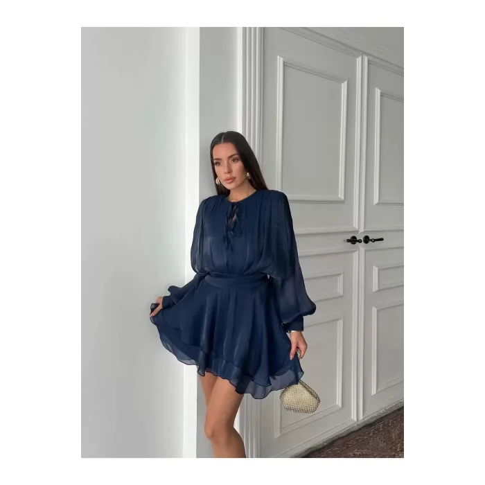 Vatkalı Jakarlı Tül Mini Elbise