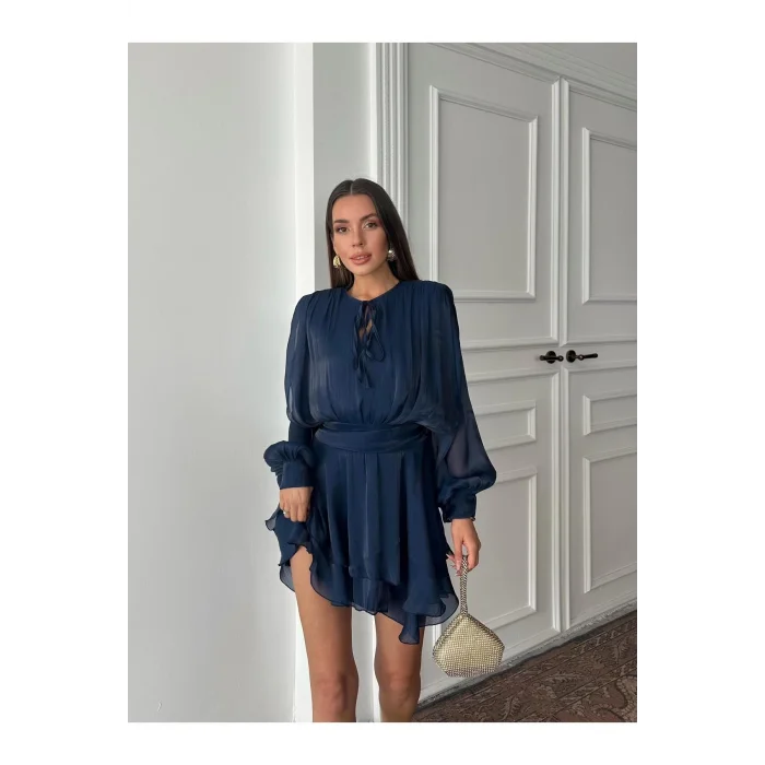 Vatkalı Jakarlı Tül Mini Elbise