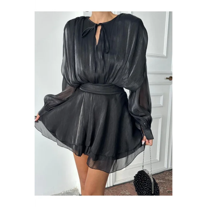 Kadın Vatkalı Jakarlı Tül Mini Elbise