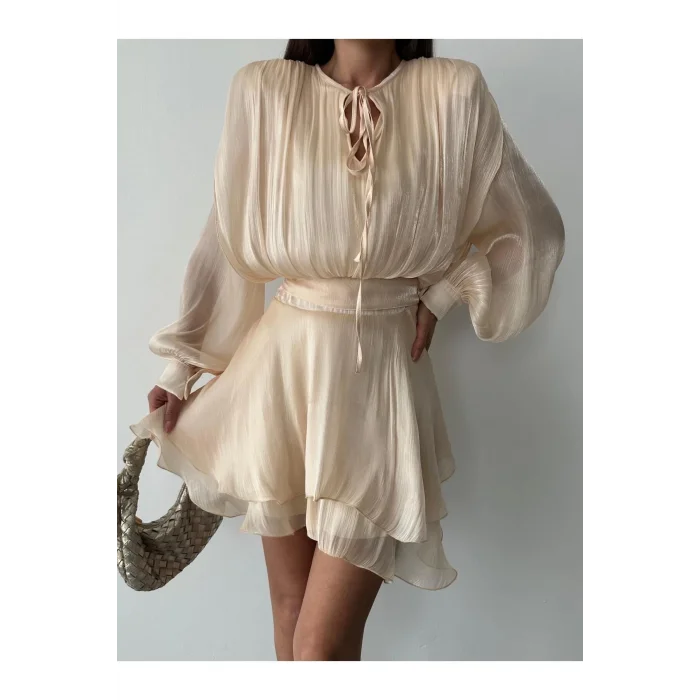 Vatkalı Jakarlı Tül Mini Elbise