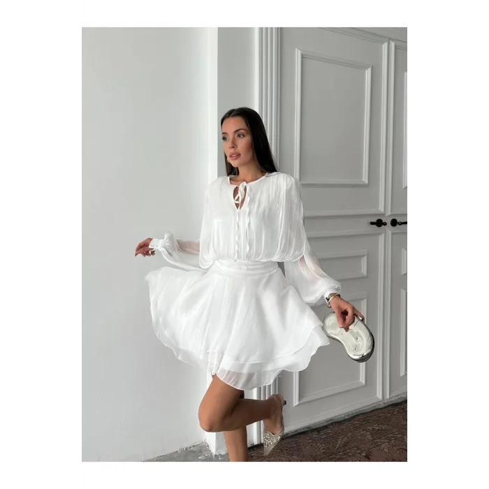 Vatkalı Jakarlı Tül Mini Elbise