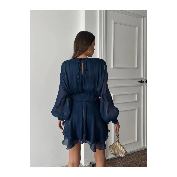 Vatkalı Jakarlı Tül Mini Elbise