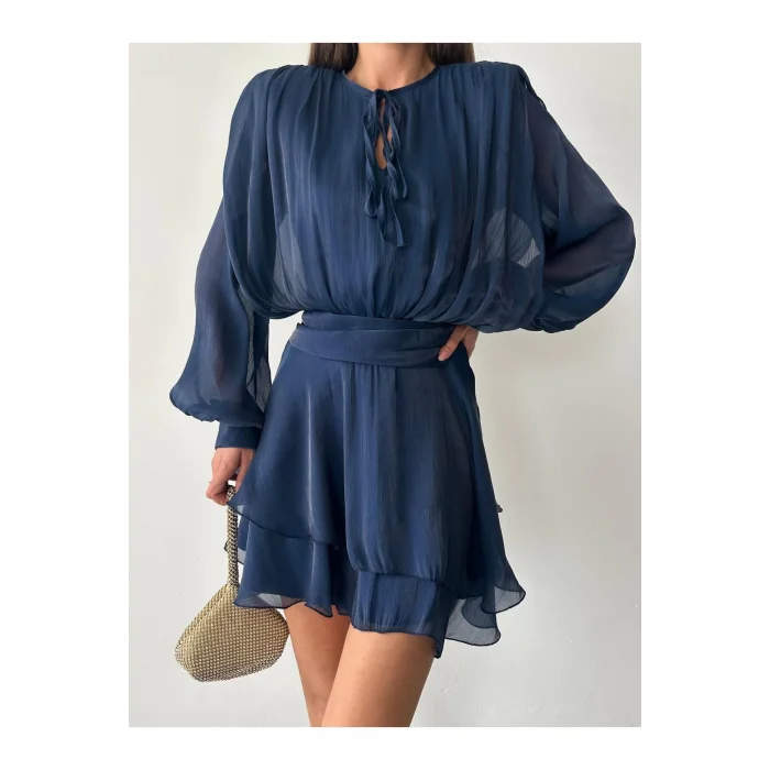 Vatkalı Jakarlı Tül Mini Elbise