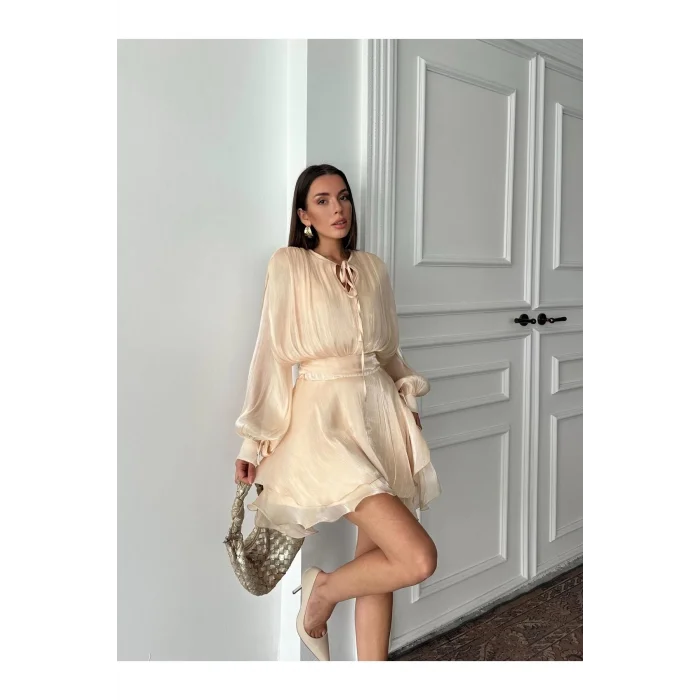 Vatkalı Jakarlı Tül Mini Elbise