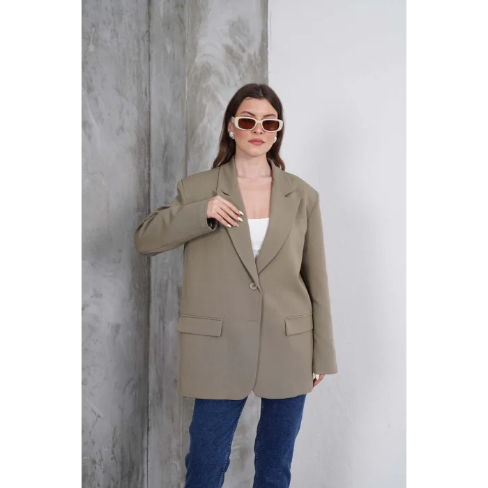 Kadın Oversize Tek Düğmeli Vatkalı Blazer Ceket