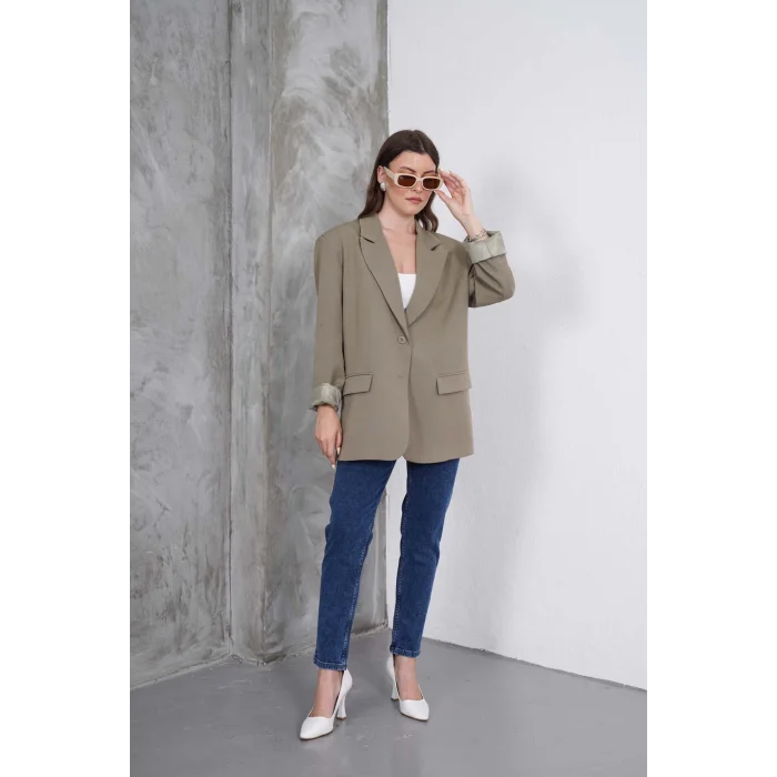 Kadın Oversize Tek Düğmeli Vatkalı Blazer Ceket