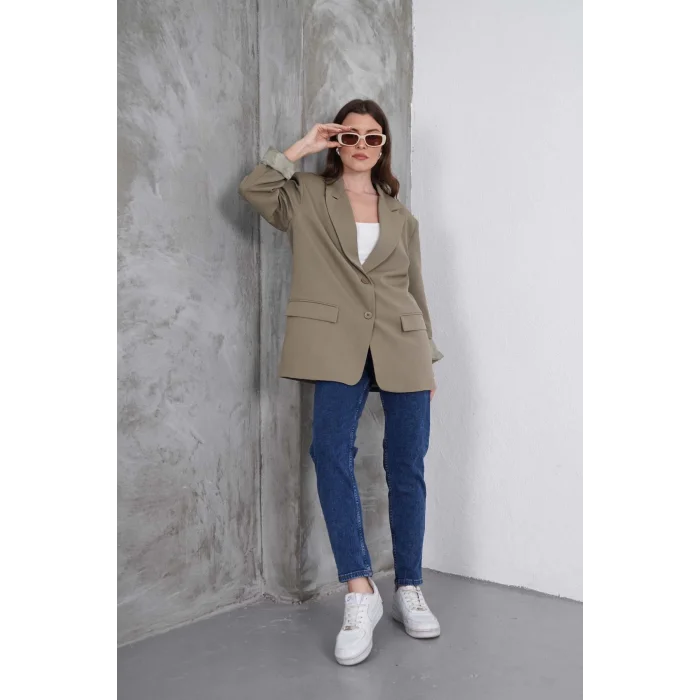 Kadın Oversize Tek Düğmeli Vatkalı Blazer Ceket