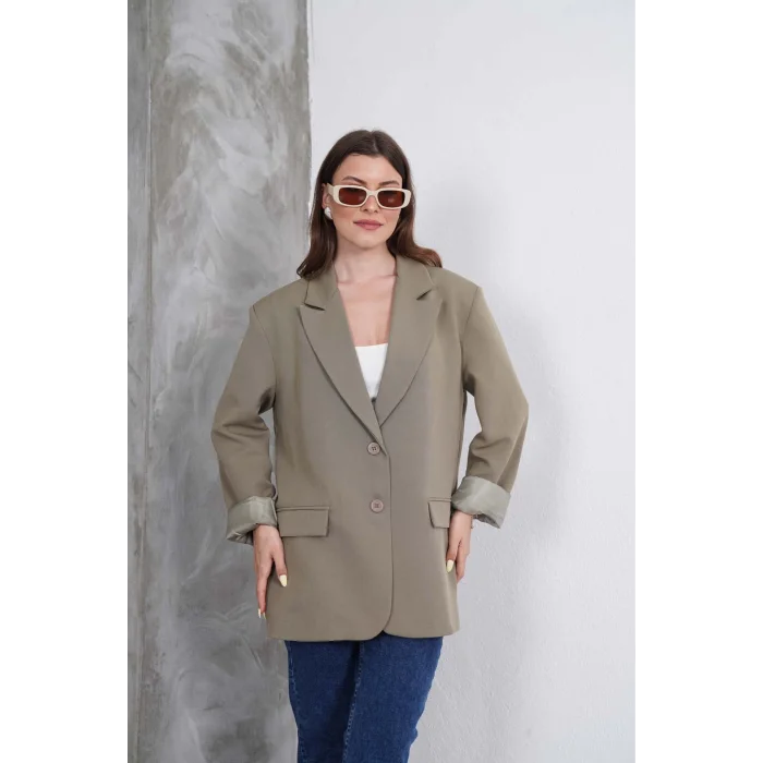 Kadın Oversize Tek Düğmeli Vatkalı Blazer Ceket
