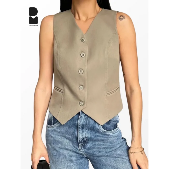 Kadın Düğmeli Klasik Yeşil Yelek