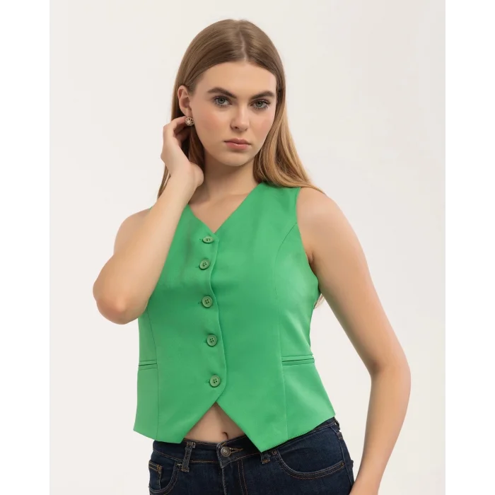 Kadın Klasik Düğmeli Yeşil Yelek