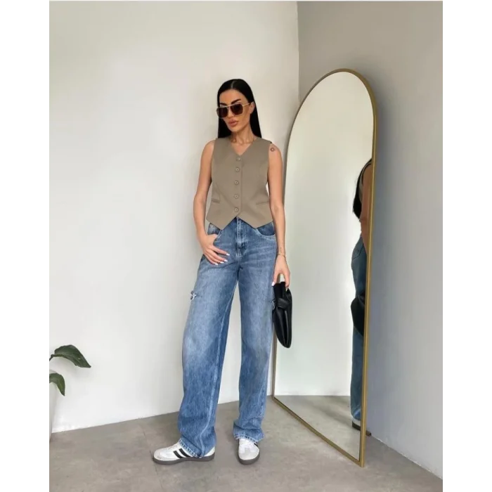 Kadın Düğmeli Klasik Yeşil Yelek