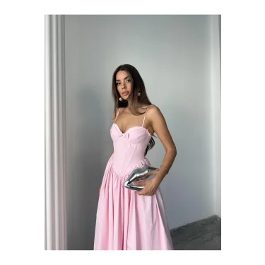 Kadın Poplin Kumaş Kurdeleli Askılı Midi Elbise